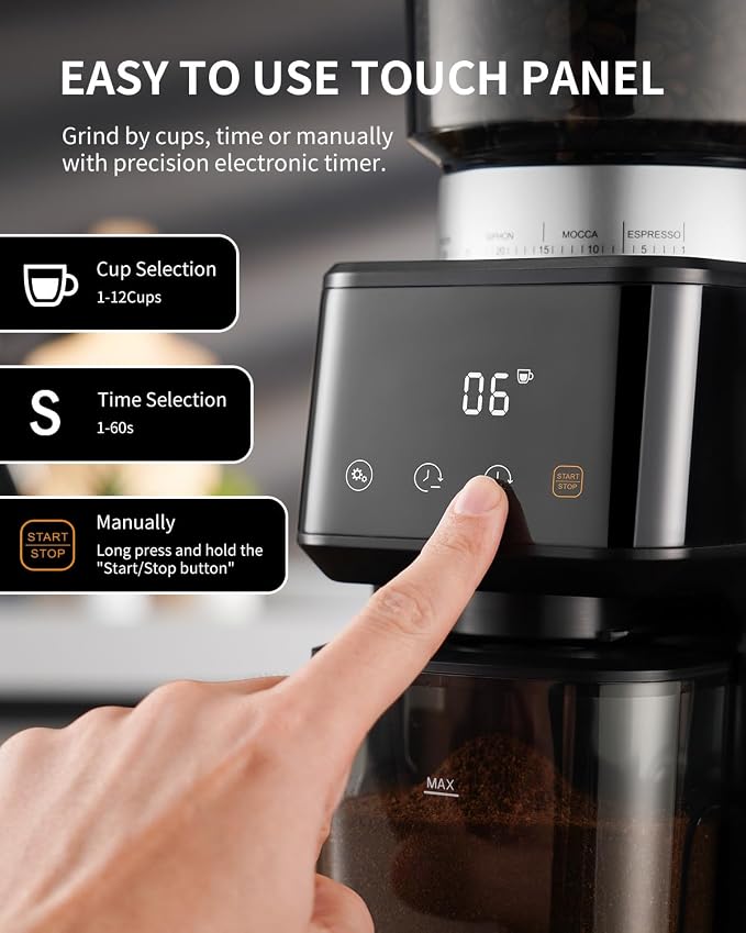Conical Burr Espresso Coffee Grinder Electric with Precision Timer 2.0, Touchscreen Adjustable Burr Mill with 51 Precise Settings for Home Use, Anti-static, Stainless Steel