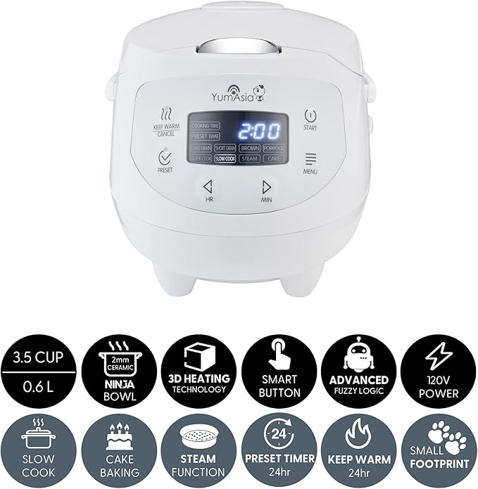 Panda Mini Rice Cooker With Ninja Ceramic Bowl and Advanced Fuzzy Logic (3.5 cup, 0.63 litre) 4 Rice Cooking Functions, 4 Multicooker functions, Digital LED display - 120V