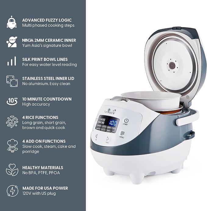 Panda Mini Rice Cooker With Ninja Ceramic Bowl and Advanced Fuzzy Logic (3.5 cup, 0.63 litre) 4 Rice Cooking Functions, 4 Multicooker functions, Digital LED display - 120V