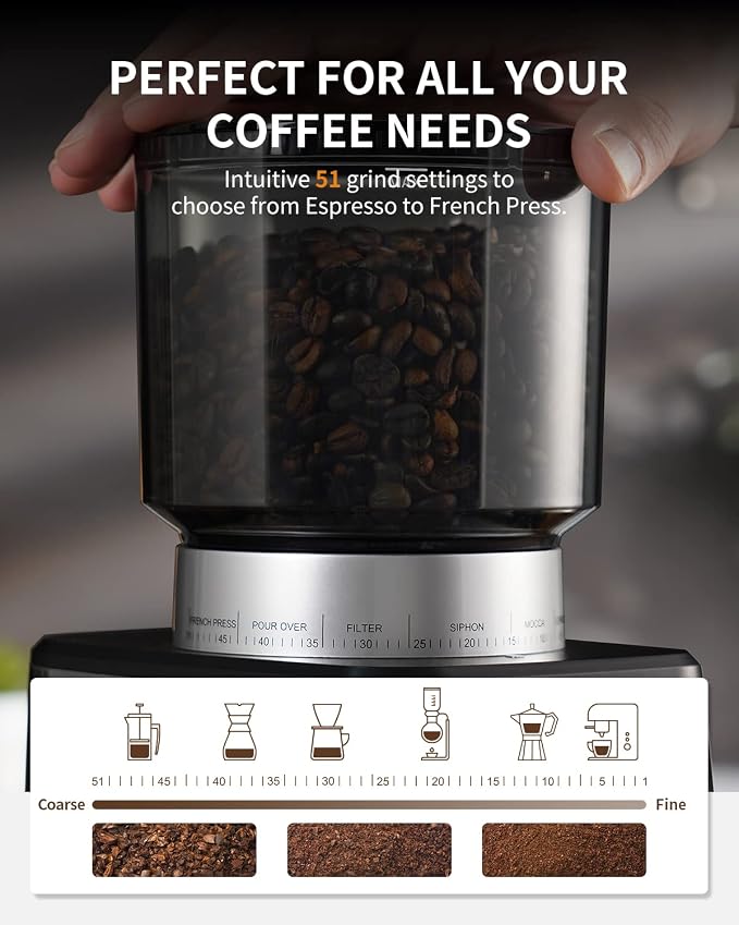 Conical Burr Espresso Coffee Grinder Electric with Precision Timer 2.0, Touchscreen Adjustable Burr Mill with 51 Precise Settings for Home Use, Anti-static, Stainless Steel