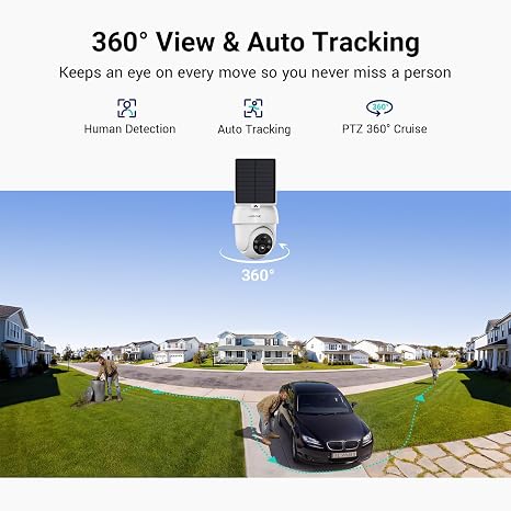 Security Cameras Wireless Outdoor Home System, 2 Camera Kit, No Subscription Fees, Solar Powered, Local Storage, 365-Day Battery Life, 360°PTZ Surveillance, Auto Tracking, 2K Color Night Vision