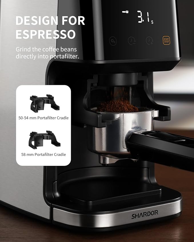 Conical Burr Espresso Coffee Grinder Electric with Precision Timer 2.0, Touchscreen Adjustable Burr Mill with 51 Precise Settings for Home Use, Anti-static, Stainless Steel