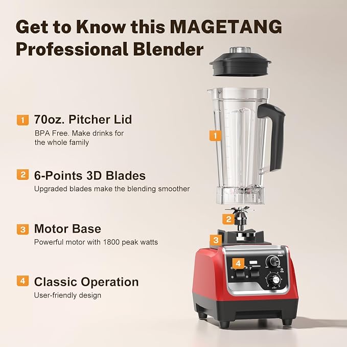1800W Blender for Smoothies, Countertop Blenders for Kitchen with 70 Oz BPA-Free Pitcher and 20 oz To-Go Cup, 28000 RPM High-Speed Motor Blender for Ice Crushing, Frozen Drinks, Milkshakes (BlackRed)